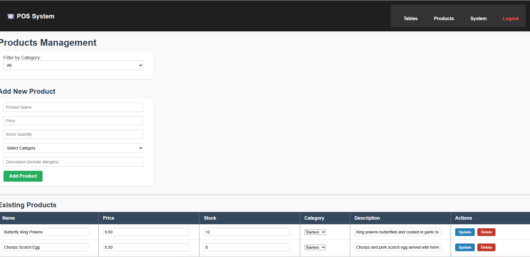Product management page