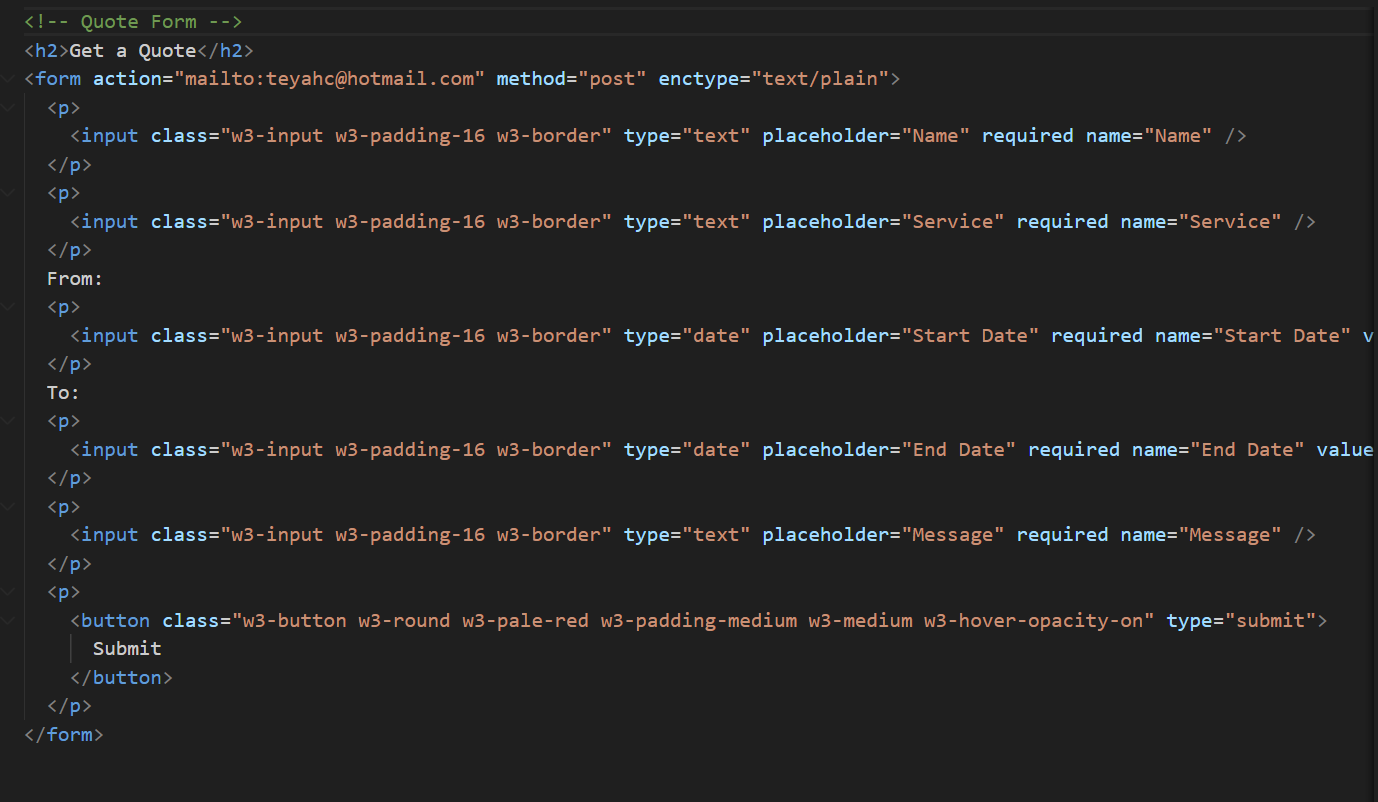 Code showing contact form functionality