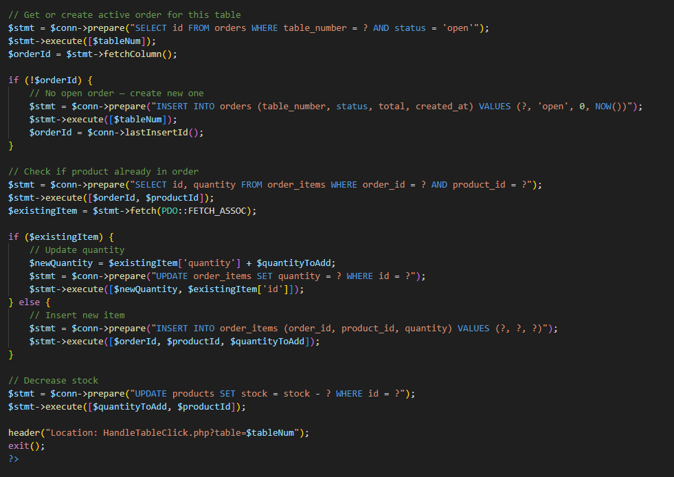code for order handling