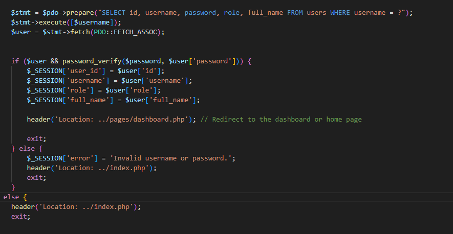Code snippet for login with password verification