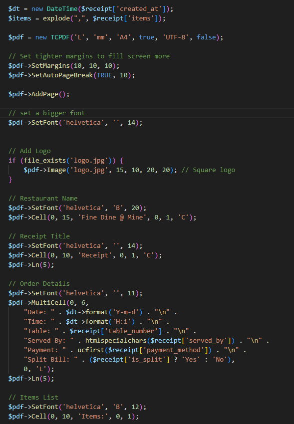 Code for turning receipt to a pdf