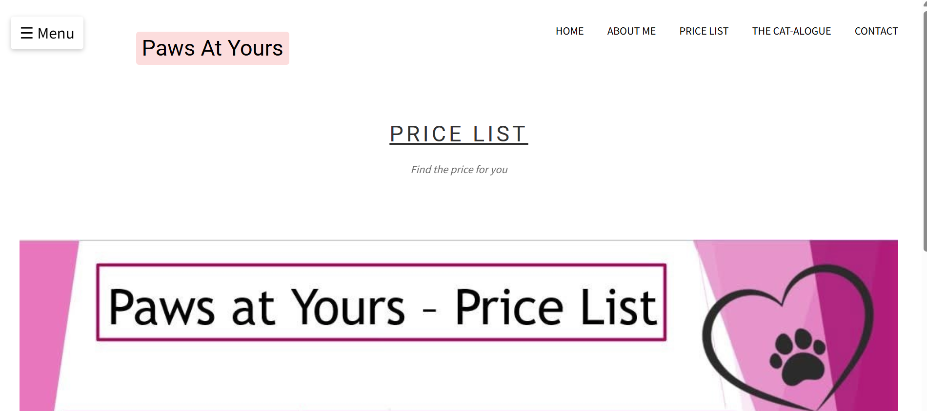 Displayed price list for services