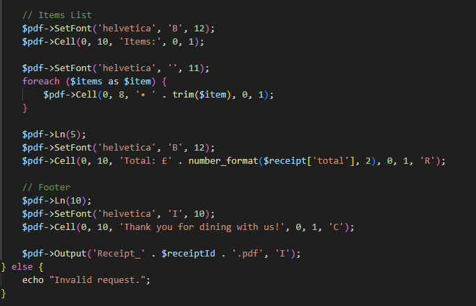 Code for turning receipt to a pdf