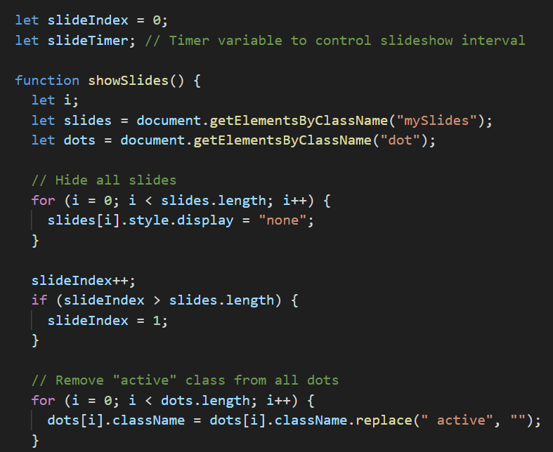Code showing slideshow functionality